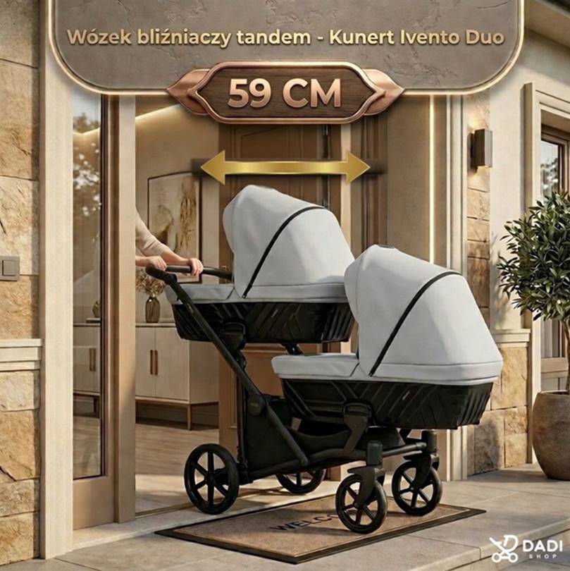 wózek bliźniaczy jeden za drugim Kunert Ivento Duo wąski , tylko 59 cm szerokości przejeżdża przez drzwi